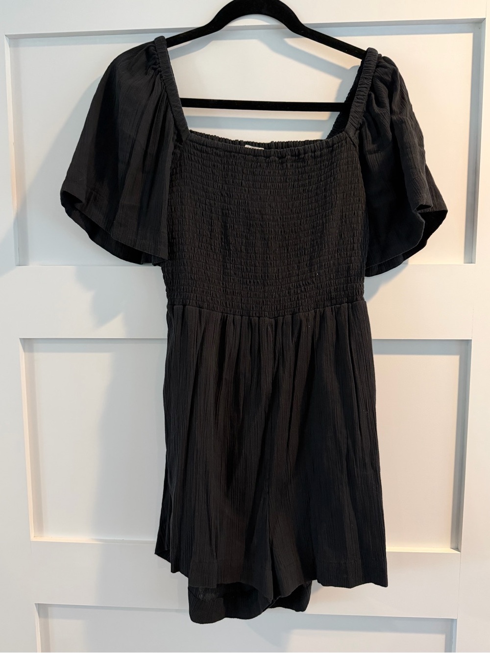 LOFT Beach Black Smocked Romper Skort with Flutter Sleeves